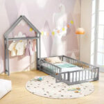 Twin Size House-Shaped Floor Bed Frame with Headboard and Clothes Hanger - Image 16