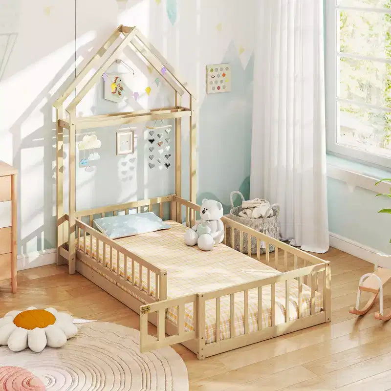 1004253813_2 Twin Size House-Shaped Floor Bed Frame with Headboard and Clothes Hanger - Image 1