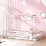 Twin Size House-Shaped Floor Bed Frame with Headboard and Clothes Hanger - Image 34