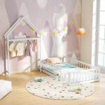 Twin Size House-Shaped Floor Bed Frame with Headboard and Clothes Hanger - Image 36