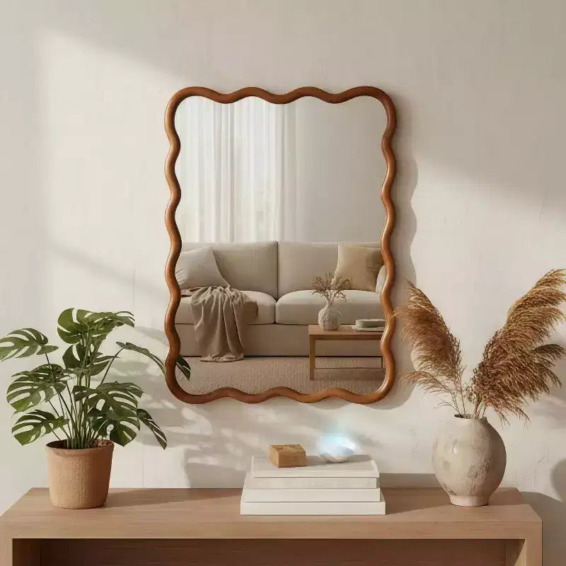 1004324502_1 30 x 40 Wavy Rectangle Solid Wood Frame Decorative Mirror for Bedroom Bathroom Living Room Yellowish Brown - Image 1