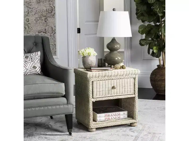 1004331423_2 Wicker & Pine Wood Nightstand with Drawer and Shelf - Off-White - Image 1