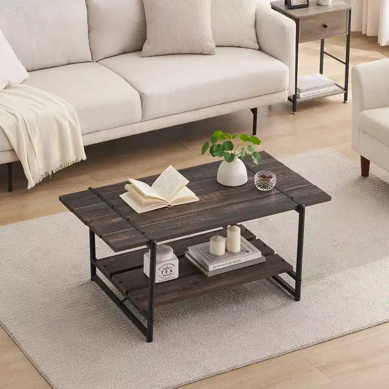 1004334253_darkoak_1 41 Inch Double Tiered Coffee Table with Storage Shelves - Image 1