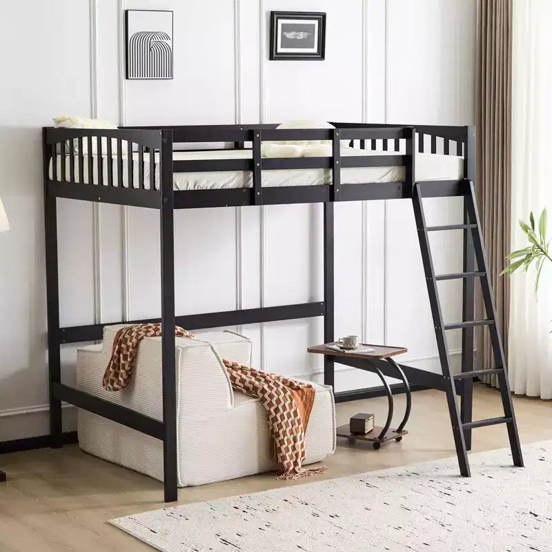 1006270301_black_1 Solid Wood Loft Bed Twin/Full Size with USB Charging Station, LED Lights, Flat Rungs, Wood Slat Support, No Box Spring Needed - Image 1