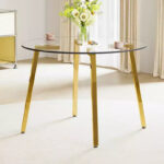 42-Inch Round Tempered Glass Dining Table with Gold Metal Legs
