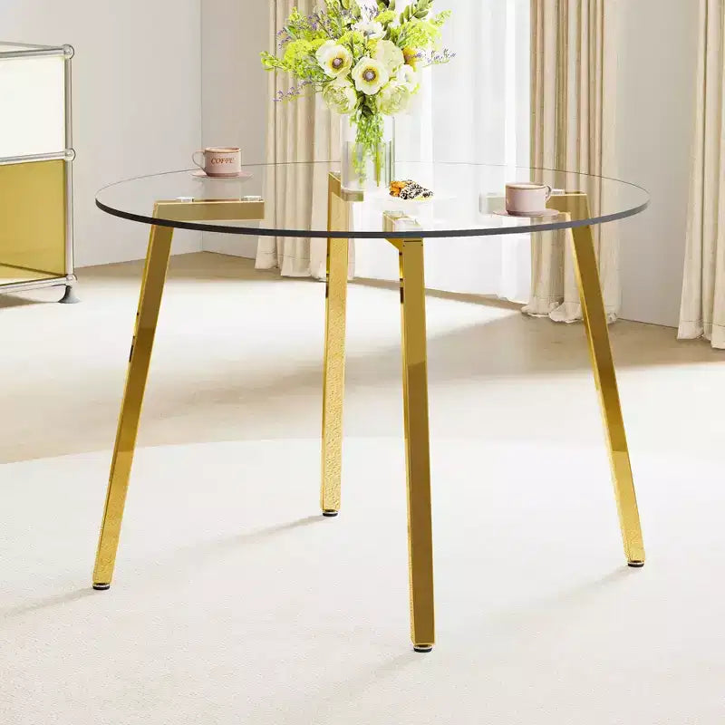 1006790507_1 42-Inch Round Tempered Glass Dining Table with Gold Metal Legs - Image 1