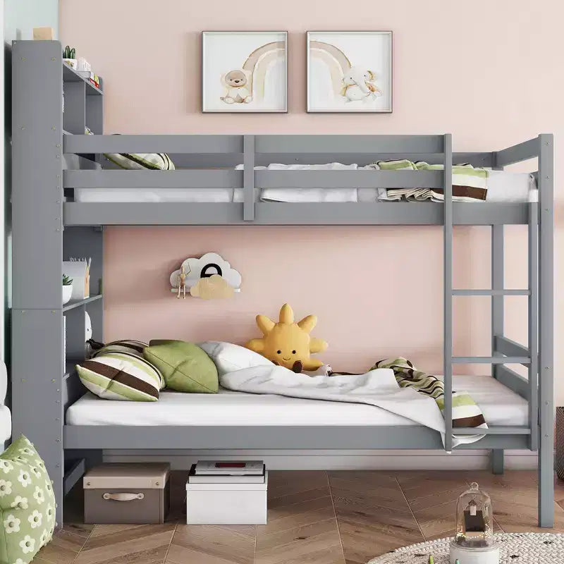1007334569_1 Twin Bunk Bed with Bookcase Headboard, Safety Guardrails and Ladder, Convertible to 2 Beds, Gray - Image 1