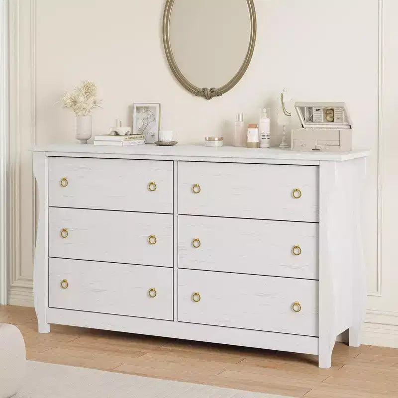 1007362753_antiquewhite_1 Wide 6-Drawer Wooden Dresser with Textured Front - Image 1