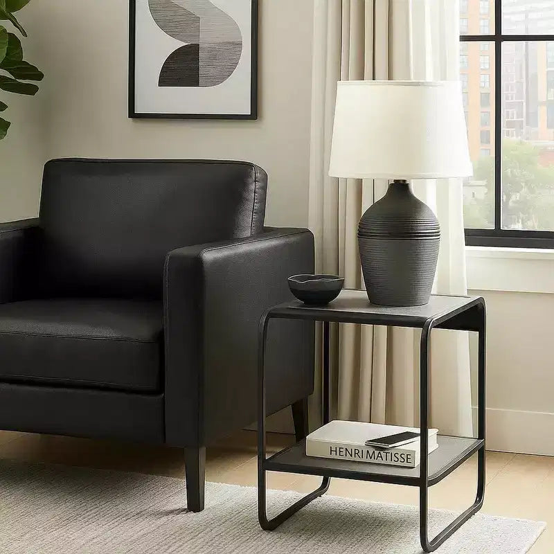 1007673572_1 21 Inch Modern End Table with Open Shelves, Wood, Gray, Black - Image 1