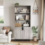 71-Inch 5-Tier Bookcase with Cabinet Doors and Metal Base