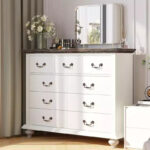9-Drawer Storage Cabinet with Vintage Frame — White & Brown, Acacia Wood