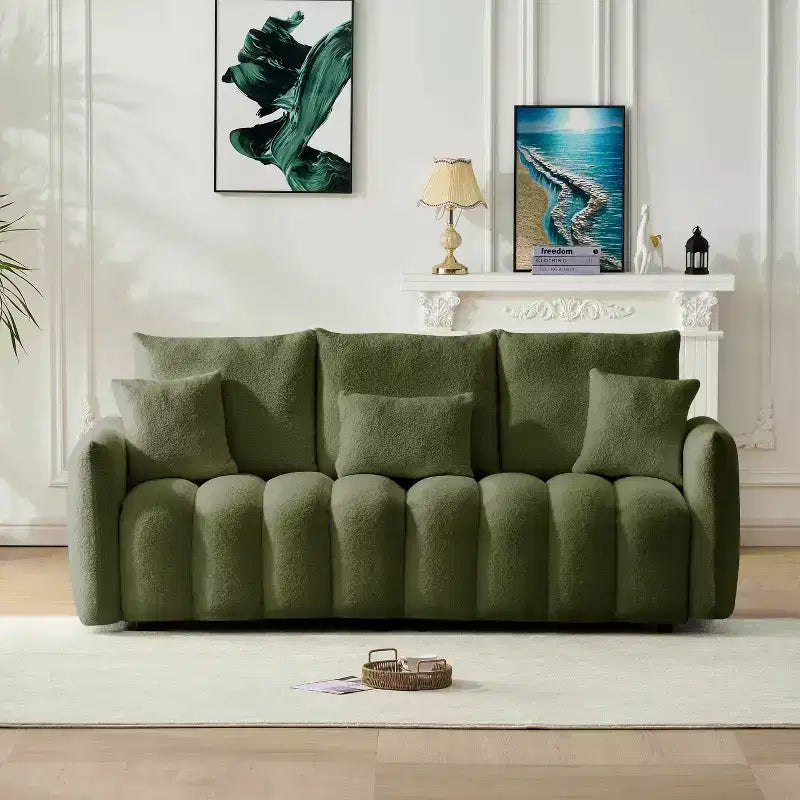 1007834142_1 78 Inch Teddy Fabric Sofa with 3 Back Pillows and 3 Cushions, Solid Wood Frame, 3-Seat Upholstered Sofa, Green - Image 1