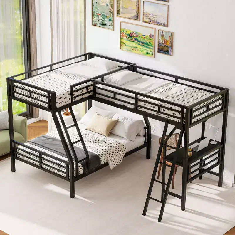 89483137_1 Twin over Full Metal Bunk Bed with Twin Size Loft Bed and Desk, Black - Image 1